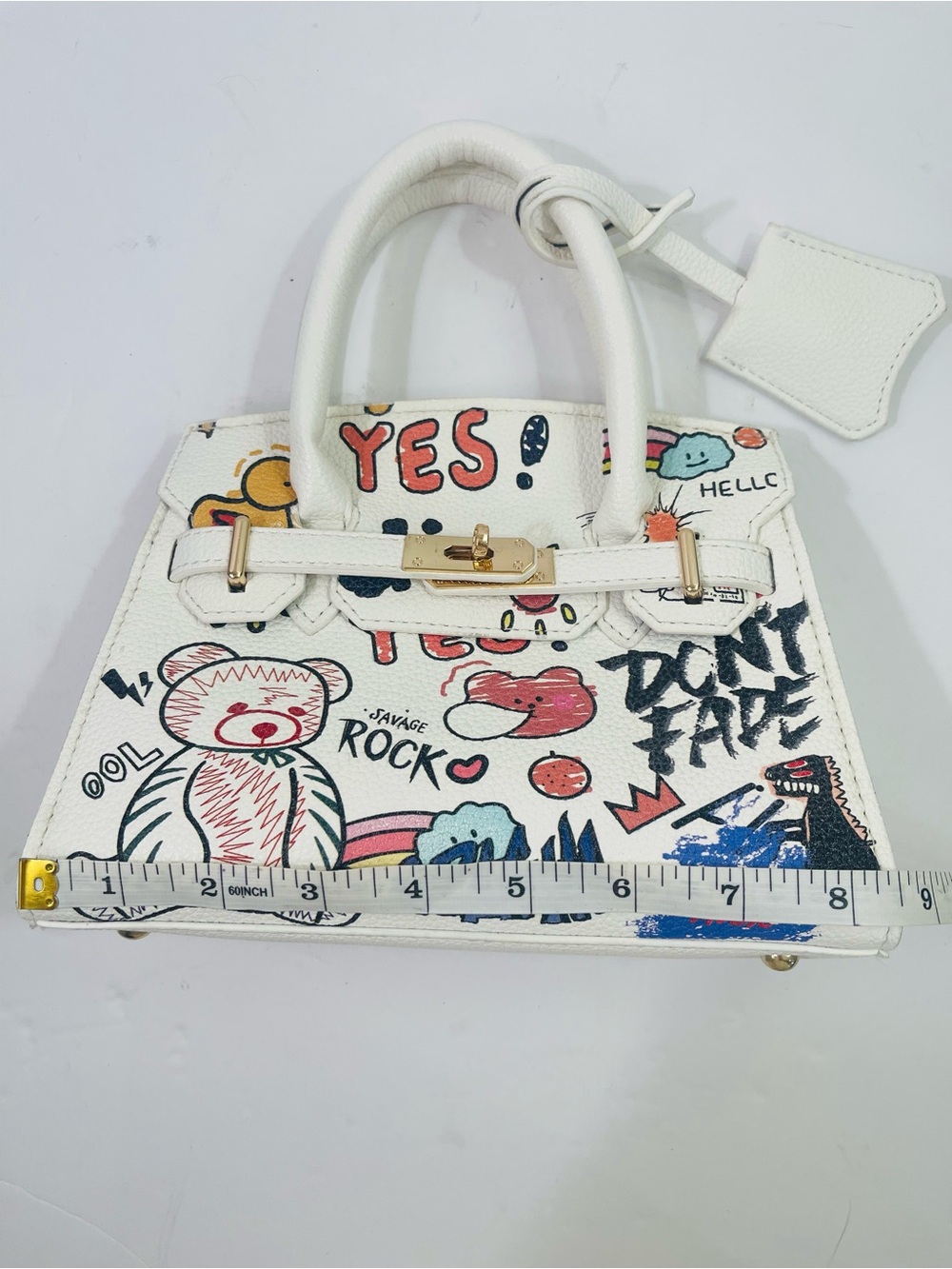 White Graffiti Print Top-Handle Bag - Picture 10 of 16